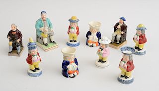 THREE ENGLISH PEARLWARE FIGURES OF SEATED TOPPERS AND SEVEN OTHER ARTICLES