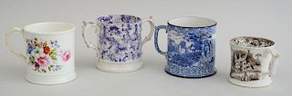 THREE ENGLISH TRANSFER-PRINTED POTTERY CUPS AND HAND-PAINTED FLORAL-DECORATED MUG