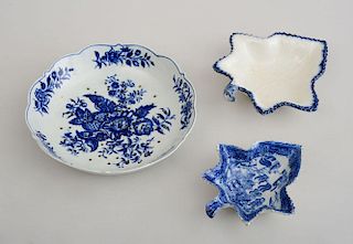 WORCESTER BLUE-TRANSFER PRINTED PINECONE" STRAINER AND TWO LEAF-FORM PICKLE DISHES"