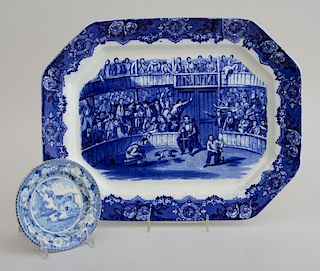ENGLISH BLUE TRANSFER-PRINTED CHAMFERED RECTANGULAR PLATTER, THE COCK FIGHT