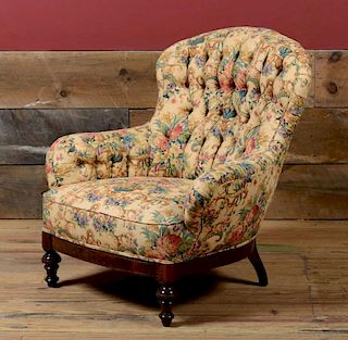 VICTORIAN STYLE MAHOGANY TUFTED UPHOLSTERED ARMCHAIR