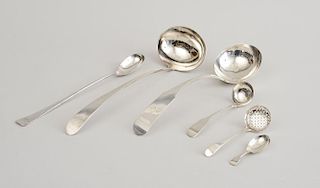 THREE SILVER LADLES, A SIFTER, SAUCE SPOON, AND A CADDY SPOON