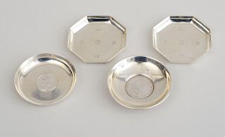 PAIR OF ENGLISH SILVER OCTAGONAL ASHTRAYS, AN ENGLISH CORONATION SILVER DISH AND A SPANISH COIN-MOUNTED SILVER DISH