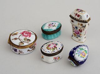 GROUP OF FIVE ENGLISH FLORAL-DECORATED ENAMEL BOXES