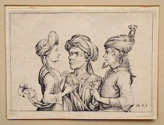 FOLLOWER OF MARTIN SCHONGAUER (c. 1450-1491): THREE ORIENTAL FIGURES
