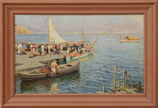 ATTILIO PRATELLA (1856-1949): NAPLES QUAY, FISHING BOATS AND CROWD
