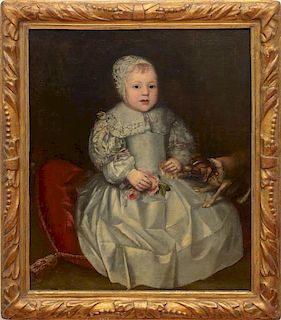 CIRCLE OF JOHN HAYLS (1600-1679): PORTRAIT OF A CHILD IN A WHITE DRESS WITH A DOG
