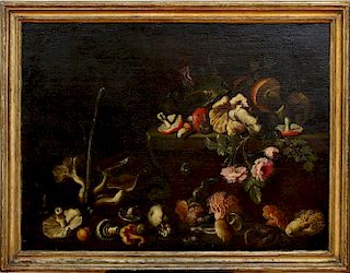 ATTRIBUTED TO SIMONE DEL TINTORE (1630-1708): STILL LIFE WITH MUSHROOMS AND FLOWERS