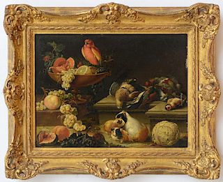ATTRIBUTED TO JOHANN AMANDUS WINCK (C. 1748-1817): STILL LIFE WITH PARROT, GAME FOWL, GUINEA PIGS AND FRUIT