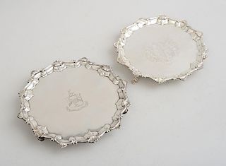 GEORGE III ARMORIAL SILVER TRIPOD SALVER AND A GEORGE III ARMORIAL SILVER TRIPOD SALVER
