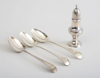 HESTER BATEMAN GEORGE III SILVER CASTER AND ASSEMBLED GROUP OF THREE INITIALED SPOONS