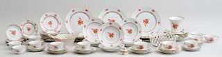 HEREND HAND-PAINTED PORCELAIN SEVENTY-SEVEN-PIECE PART DINNER SERVICE IN THE CHINESE ORANGE BOUQUET" PATTERN"