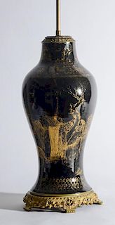 CHINESE GILT-DECORATED MIRROR BLACK GLAZED PORCELAIN VASE, NOW MOUNTED AS A LAMP