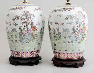 PAIR OF FAMILLE ROSE PORCELAIN OVOID JAR AND COVERS, MOUNTED AS LAMPS