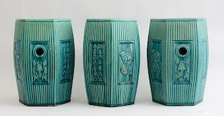 SET OF THREE CHINESE GREEN-TO-TURQUOISE-GLAZED POTTERY GARDEN STOOLS