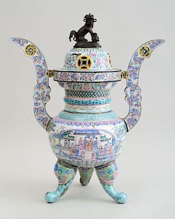 CHINESE ENAMELED TRIPOD INCENSE BURNER AND COVER