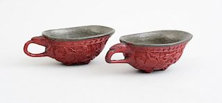 PAIR OF CHINESE CINNEBAR LACQUER CUPS, IN AN ARCHAIC STYLE