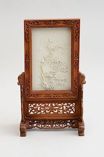 CHINESE BISQUE PORCELAIN PLAQUE IN CARVED HARDWOOD FRAME FORMING A TABLE SCREEN