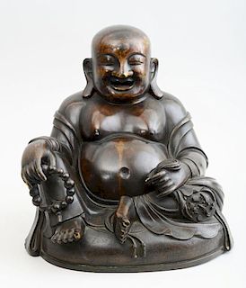 CHINESE PATINATED BRONZE FIGURE OF THE SEATED HOTEI