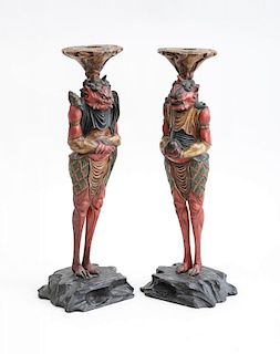 PAIR OF JAPANESE CARVED AND PAINTED WOOD FIGURAL CANDLESTICKS