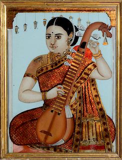 INDIAN REVERSE PAINTING ON GLASS DEPICTING A FEMALE MUSICIAN