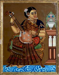 INDIAN REVERSE PAINTING ON GLASS DEPICTING A BEJEWELED BARE-FOOT MUSICIAN SEATED AND PLAYING A SITAR