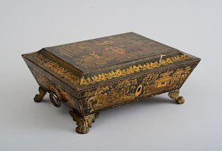 REGENCY BRASS-MOUNTED CHINOISERIE-DECORATED BLACK LACQUER WORK BOX