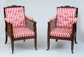 PAIR OF WILLIAM IV MAHOGANY AND CANED BERGÈRES