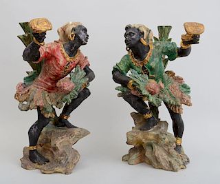 PAIR OF VENETIAN ROCOCO STYLE CARVED AND PAINTED WOOD BLACKMOOR FIGURES