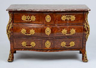EARLY LOUIS XV ORMOLU-MOUNTED KINGWOOD AND TULIPWOOD PARQUETRY COMMODE
