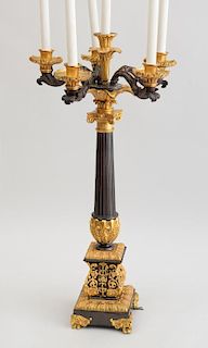 CHARLES X STYLE GILT AND PATINATED BRONZE SIX-LIGHT CANDELABRUM