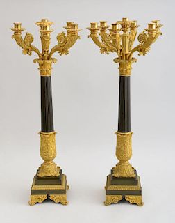 PAIR OF CHARLES X GILT AND PATINATED BRONZE SEVEN-LIGHT CANDELABRA