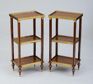 PAIR OF LOUIS XVI STYLE GILT-METAL-MOUNTED MAHOGANY PARQUETRY THREE-TIERED SIDE TABLES