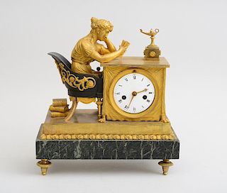 EMPIRE PATINATED AND GILT-BRONZE FIGURAL CLOCK