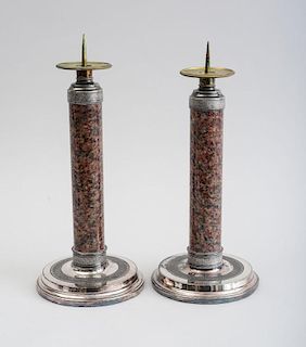 PAIR OF DECORATIVE SILVER-PLATED AND PINK GRANITE PRICKET STICKS