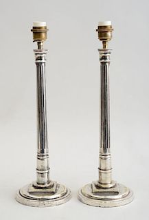 PAIR OF SILVER-ON-BRASS FLUTED COLUMN-FORM LAMPS