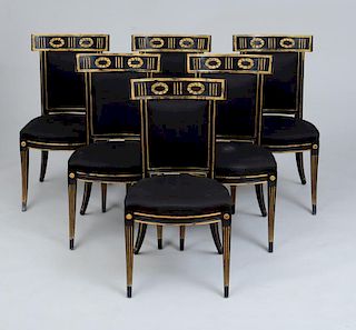 SET OF SIX ITALIAN NEOCLASSICAL STYLE BLACK PAINTED AND PARCEL-GILT SIDE CHAIRS