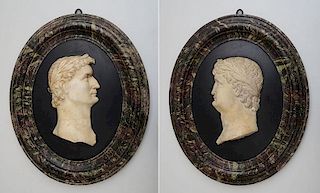 PAIR OF ITALIAN MARBLE PROFILE PORTRAITS OF ROMAN EMPERORS, TIBERIUS AND NERO