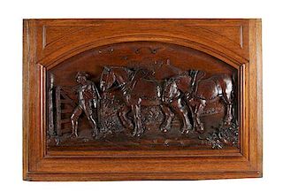 A Black Forest Style Carved Panel in Oak Frame Height 26 1/2 x width 38 inches.