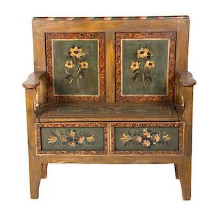 A Northern European Painted Bench Height 43 x width 39 x depth 14 1/4 inches.