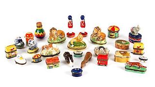 A Collection of Twenty-Five Limoges and Other Enameled Metal and Porcelain Boxes Width of widest 4 inches.