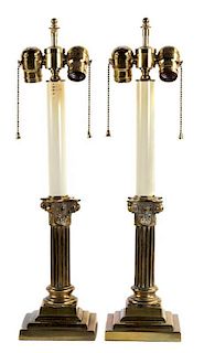 A Pair of Brass Table Lamps Height overall 23 inches.