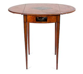 An Edwardian Style Painted and Inlaid Drop-Leaf Side Table Height 27 1/4 x width 17 x depth 20 1/2 inches.