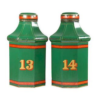A Pair of Tole Canisters Height 23 inches.