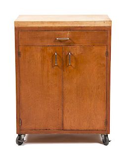 A Mid-Century Butcher-Block Top Serving Cart Height 38 x width 28 x depth 18 inches.