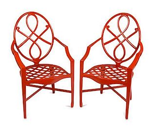 A Pair of Painted Metal Armchairs Height 18 inches.