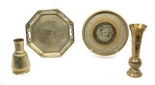 Four Southeast Asian Brass Articles Diameter of largets tray 13 inches.