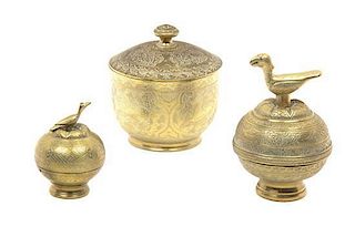 Three Southeast Asian Etched Brass Covered Spice Boxes Height of largest 5 inches.