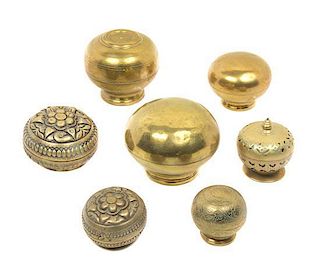 Seven Southeast Asian Brass Spice Boxes Diameter of largest 4 1/4 inches.