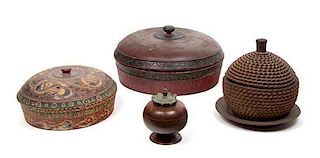 Four Indonesian Carved Wooden Boxes Diameter of largest 13 inches.